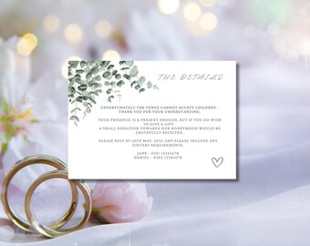 Wedding Stationery, Personalised Eucalyptus Detail Cards, Sage Green Reception Decor, Botanical Table Place Settings
