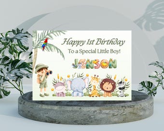 Jungle safari age birthday card, personalised cute animals design for boy girl, 1st 2nd 3rd birthday party, son daughter, brother sister