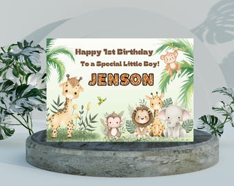 Jungle Safari Personalised Birthday Card A5 Luxury White, Cute Animals, Jungle Theme Age Birthday For Boy Girl, Baby's 1st Birthday