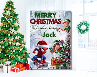 Superhero Theme Card, Personalised Christmas Greeting for a Special Little Hero, Colourful A5 Keepsake, Fun Xmas Gift