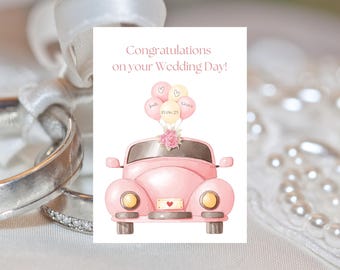 Personalised Wedding Card Pink Beetle, A5 Greetings Card, On Your Wedding Day, Custom Wedding Card For Special Couple, Civil Ceremony