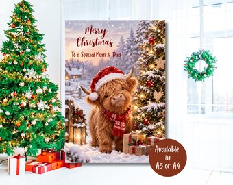 Personalised Highland Cow Christmas Card for Mum & Dad, Festive Keepsake (A5/A4)
