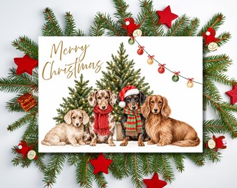 Christmas Card, Personalised Dachshund Sausage Dog, Funny Festive Design, Blank Inside A5 Folded Greeting