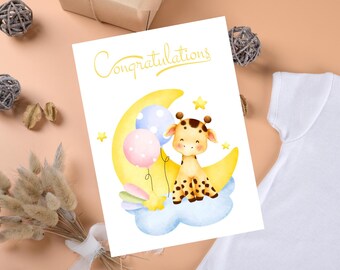 Personalised Giraffe Moon Baby Card, Congratulations New Baby Shower Gift