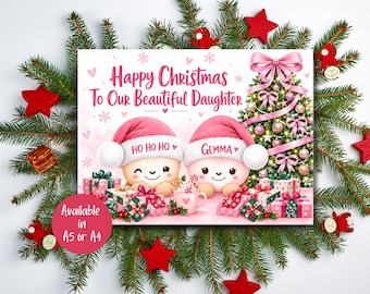 Personalised Card for Daughter, Marshmallow Christmas Design, A5 or A4 Size, Blank Inside for Your Message