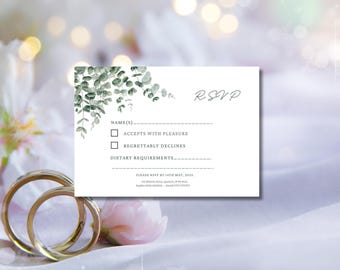 Eucalyptus Wedding RSVP Cards, Personalised Sage Green Wedding Stationery, Greenery Style Decor, Elegant Wedding Details Card