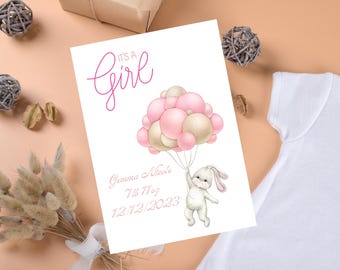 New Baby Girl Card pink balloons, personalised card A5, its a girl birth card, custom greeting card, new baby congratulations