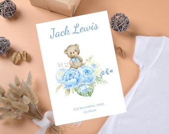 Personalised New Baby Boy Card, Watercolour Teddy Bear, Blue Floral Birth Announcement, Custom Greeting