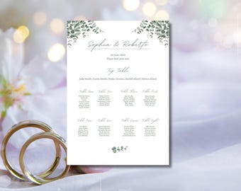 Seating Plan, Personalised Eucalyptus Wedding Sign in Sage Green, Botanical Table Display, Custom Reception Decor