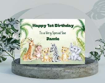 Jungle Safari Personalised Birthday Card A5, Cute Animals, Age Birthday For Boy Girl, Baby's 1st Birthday, Animal Theme Birthday Card