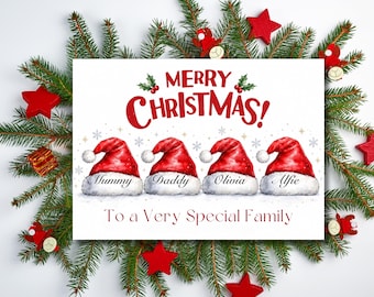 Christmas Card, Personalised Names and Santa Hats, Festive Red A5 Design, Special Little Boy Gift