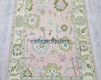 Pink Oushak Rug: 100% Wool Hand-Knotted Turkish Rug