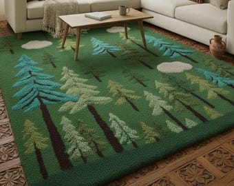 Hand-Tufted Pine Tree Rug – Green Woodland Carpet, Scandinavian Decor
