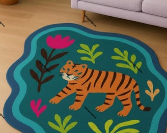 Hand-Tufted Tiger Rug | Teal Blue & Orange Nursery Carpet