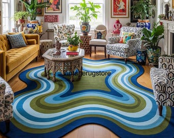 Blue Green Swirl Rug Mid-Century Modern Abstract Living room carpet