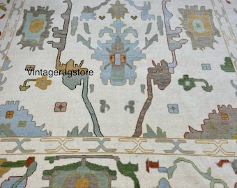 Handgeknoopt Oushak-tapijt, vintage Turks wollen tapijt met bloemenmotief, neutraal ivoorkleurig tapijt voor de woonkamer