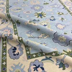 9'X12' Blue And Green Rug, Oushak Rug With Ivory, Olive Green & Light Pink Motifs: Modern Coastal Comfort Area Rug