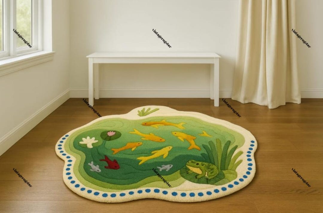 Hand-tufted Wool Kids Rug | Pond Life, Fish & Frog Nursery Carpet - Etsy
