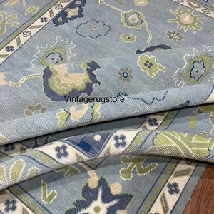Hand Knotted Wool Oushak Rug: Light Blue Modern Area Rug (8x10)