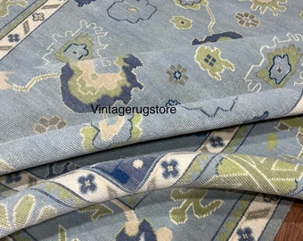 Hand Knotted Wool Oushak Rug: Light Blue Modern Area Rug (8x10)