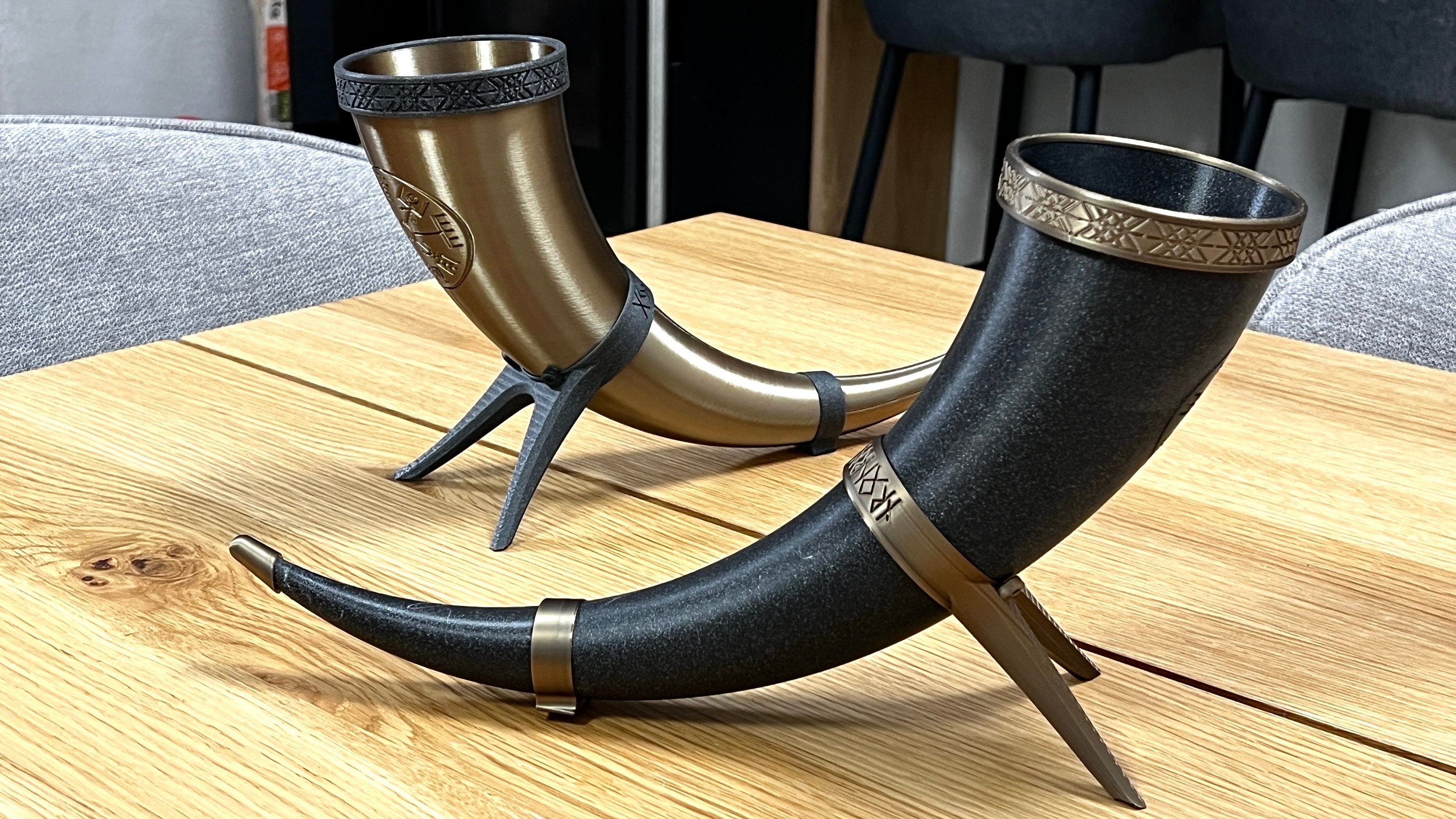 Brass Rim Drinking Horn with Horn Stand