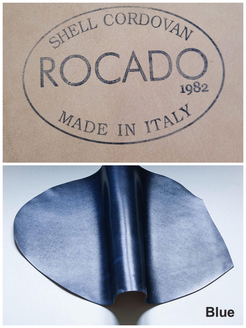 May include: A tan leather surface with the text "SHELL CORDOVAN ROCADO 1982 MADE IN ITALY" in black. Below is a blue leather piece with the word "Blue" in the bottom right corner.