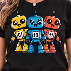 Pode incluir: Uma t-shirt preta com um gráfico de três robôs de desenho animado em amarelo, azul e laranja. Cada robô tem um painel quadrado no peito com os números 01, 10 e 11. Os robôs têm olhos grandes, antenas e rostos sorridentes.