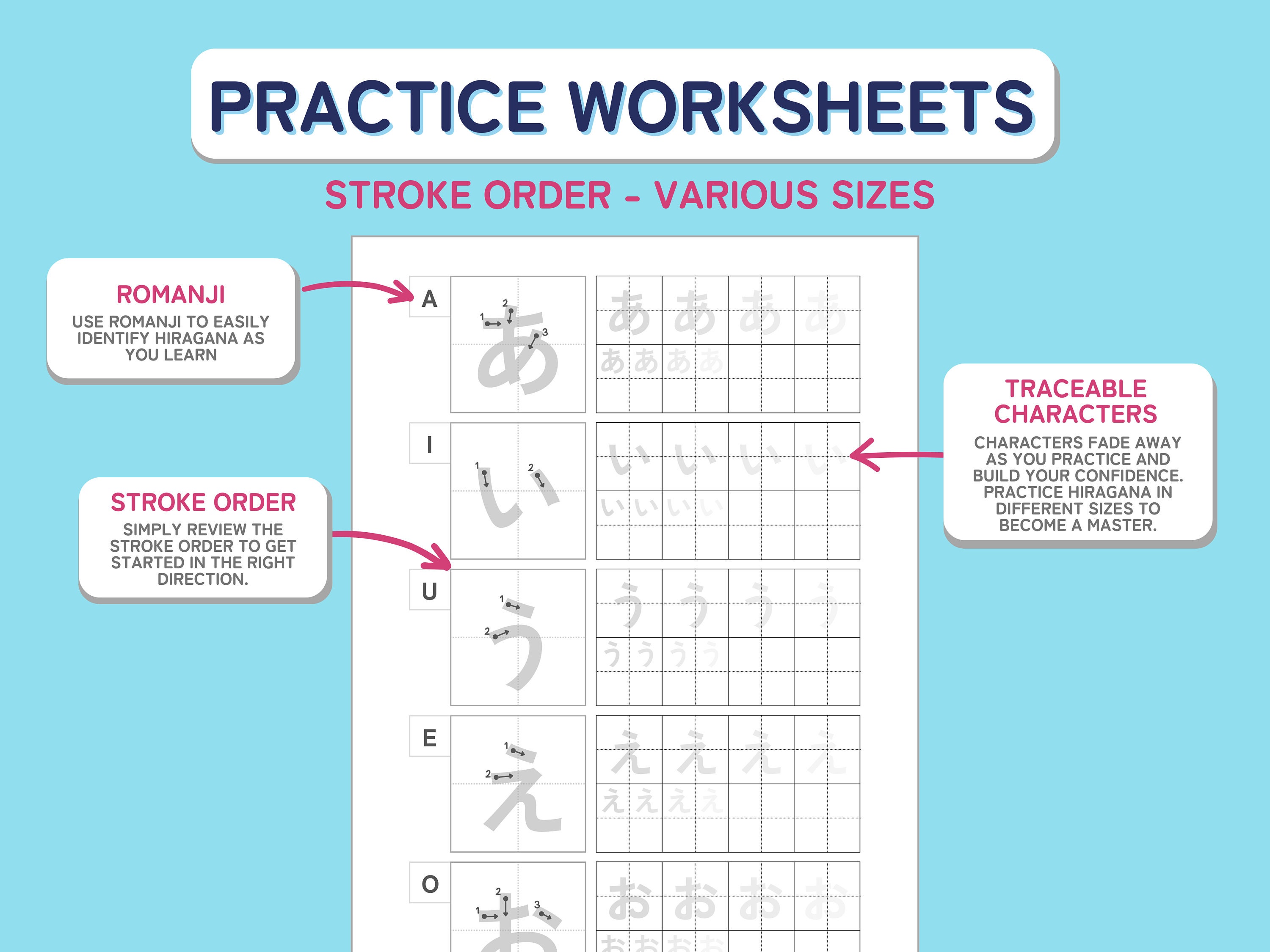 Hiragana Practice Worksheets - Digital & Printable - Bonus Hiragana ...