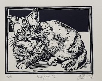 Pumpkin #1 - Handprinted Original Cat Art Lino Signed Print