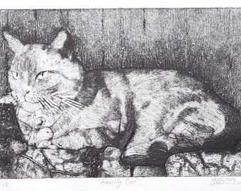 Collagraph Cat Moggy - Handprinted Original Small Fine Art Print Signed Limited Edition Black White Julie Beresford Shedbones Printmaking