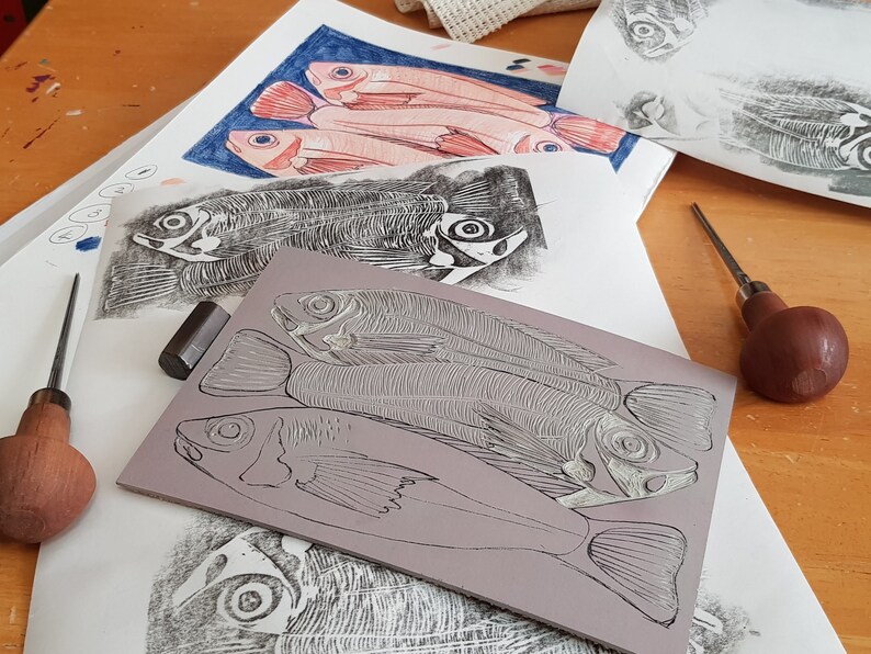 Three Red Pink Fish Still Life Handprinted Original Print Reduction ...