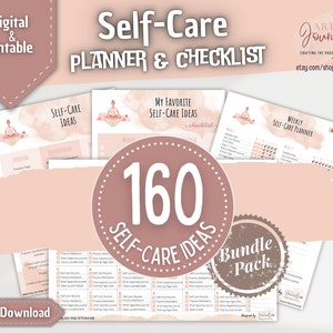May include: A printable self-care planner and checklist bundle with 160 self-care ideas. The bundle includes a weekly self-care planner, a checklist of favorite self-care ideas, and a list of self-care ideas to try. The image features a pink and white watercolor background with a hand-drawn illustration of a woman meditating.