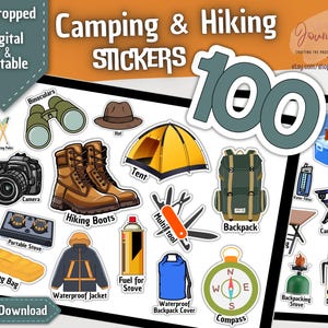 Puede incluir: Una descarga digital de 100 pegatinas con temática de camping y senderismo. Las pegatinas incluyen imágenes de una tienda de campaña, botas de senderismo, una mochila, una brújula, una nevera portátil, una silla de camping, un saco de dormir, una estufa portátil, una chaqueta impermeable, prismáticos, un sombrero, una navaja multiusos, combustible para una estufa, una cubierta impermeable para mochila y una taza aislada.