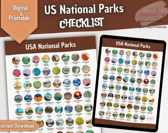 May include: A printable checklist of all 63 US National Parks. Each park is represented by a colourful illustration of a landmark or scenic view. The checklist is titled "USA National Parks" and includes a checkbox next to each park name.
