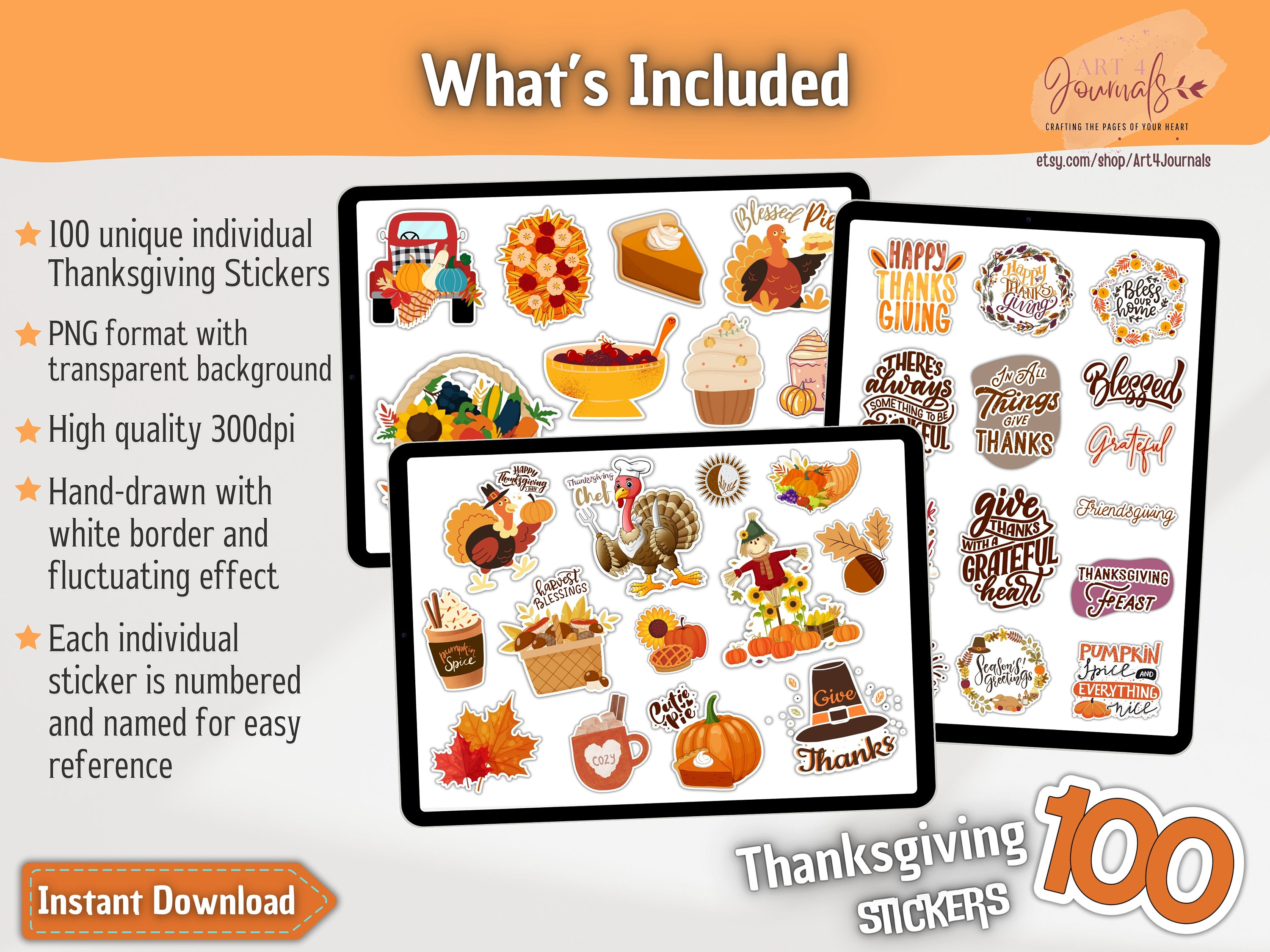 100 THANKSGIVING STICKERS for Goodnotes, Notability, Xodo, Etc