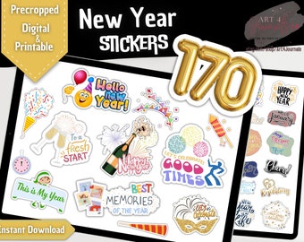 170 pegatinas de AÑO NUEVO para Goodnotes, Notability, Xodo, etc. / Lindas pegatinas PNG de libro de Año Nuevo / Digitales e imprimibles / Descarga instantánea