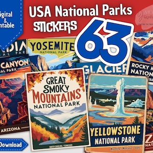 63 USA NATIONAL Parks Stickers / Postcards | Premium Designs | For Your Travel Journal | Digital & Printable | Instant Download