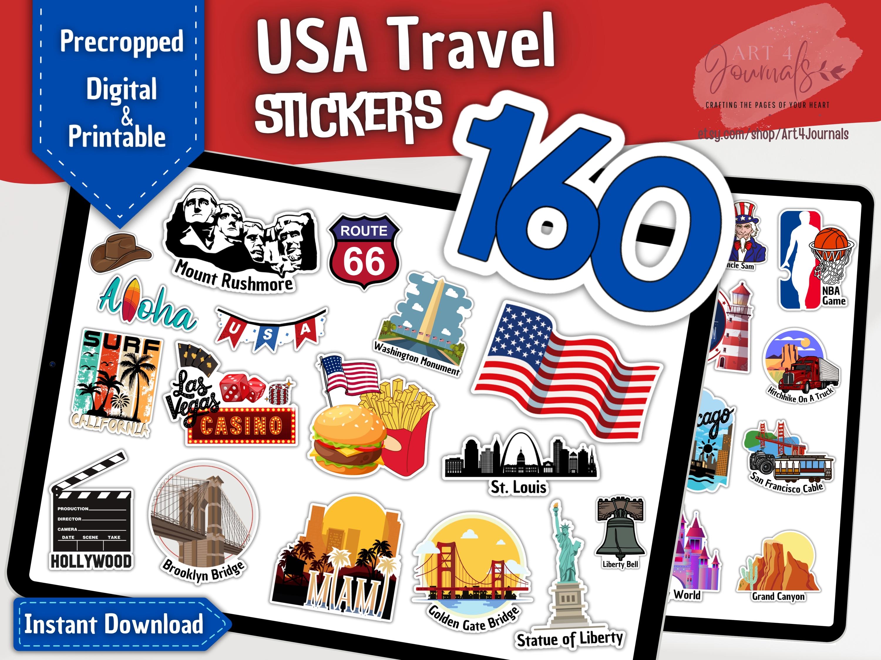 160 USA TRAVEL Stickers | United States Stickers | For Your Travel Journal | Hand-drawn | Digital and Printable | Instant Download