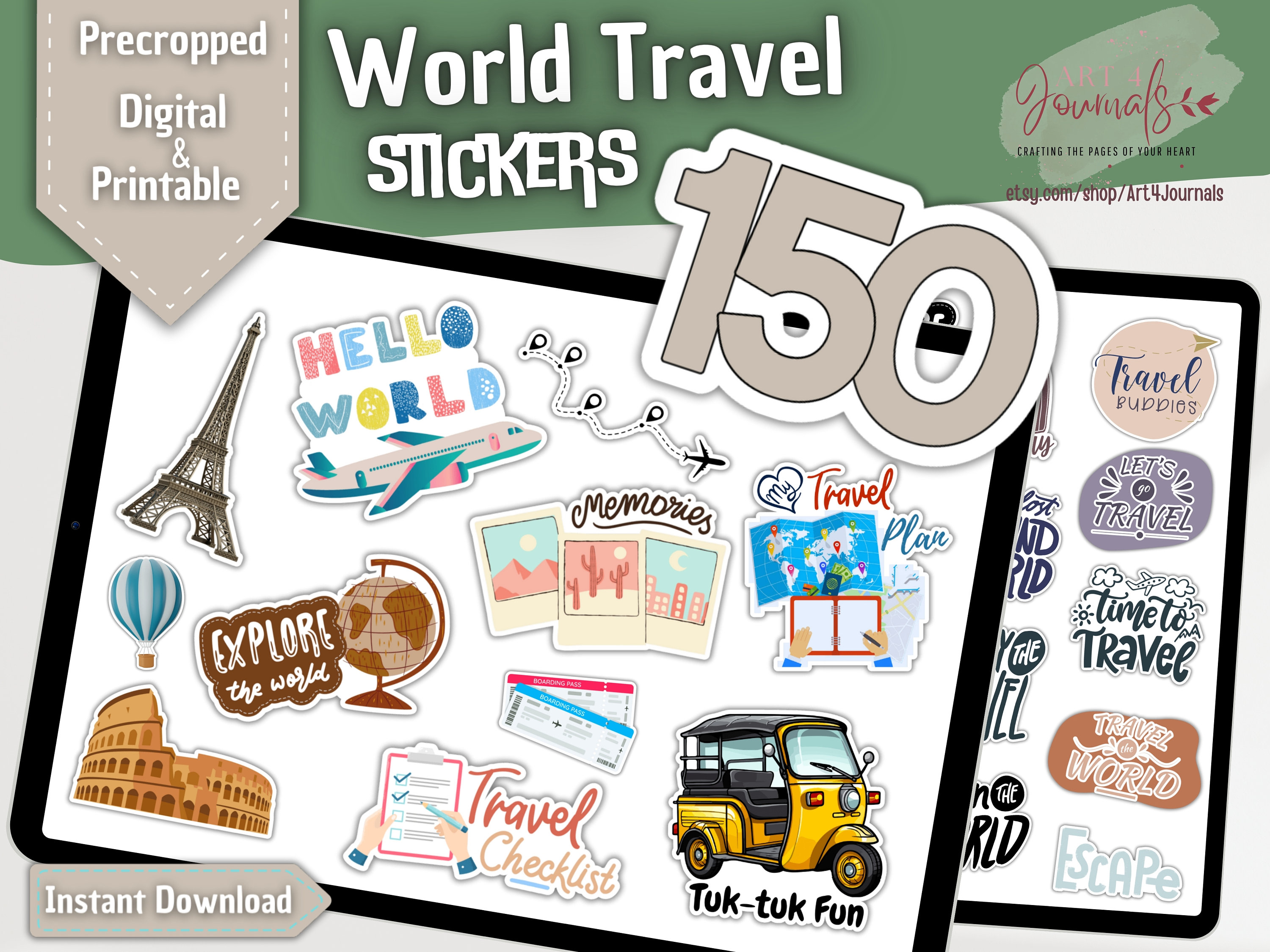 150 WORLD TRAVEL Stickers for Goodnotes, Notability, Xodo, etc | Cute Travel Journal PNG Stickers | Digital and Printable | Instant Download