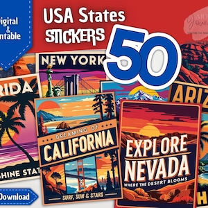 50 USA STATES Stickers / Postcards | US States Stickers | Premium Designs | For Your Travel Journal | Digital & Printable | Instant Download