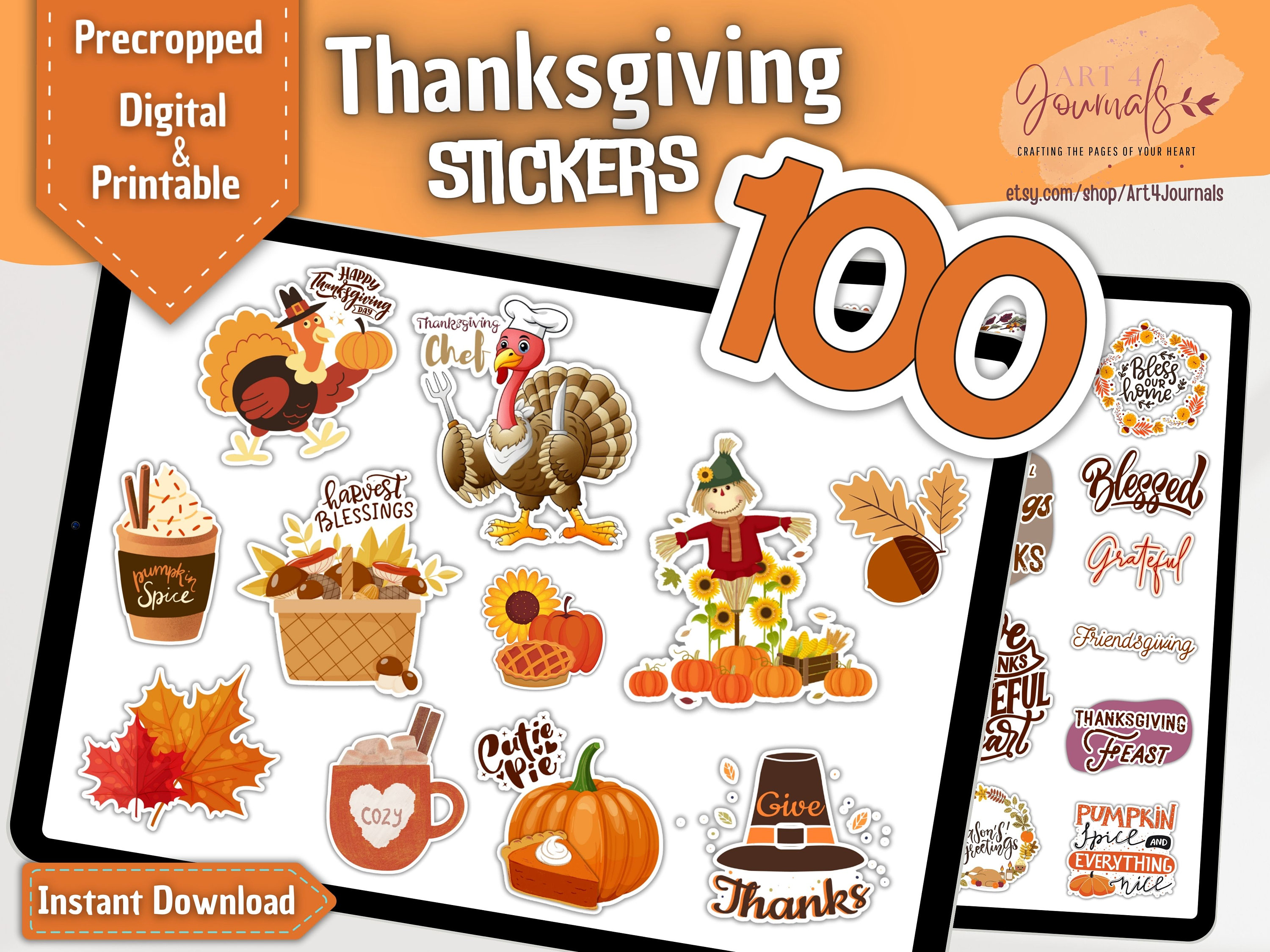 100 THANKSGIVING STICKERS for Goodnotes, Notability, Xodo, etc | Thanksgiving Journal PNG Stickers | Digital and Printable| Instant Download