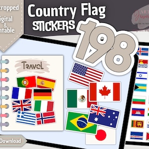 May include: A digital download of 198 country flag stickers. The stickers are pre-cropped and ready to print. The image shows a variety of flags, including the American flag, the Canadian flag, the Mexican flag, the Brazilian flag, the Australian flag, and the Japanese flag. The stickers are perfect for adding a touch of international flair to your planner, journal, or scrapbook.
