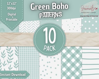 10 Seamless Boho Digital Papers | Cute Green Boho Patterns | Scrapbook and Decor | Instant Download | Free Commercial Use | Pack 02