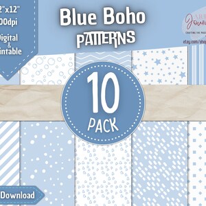 10 Seamless Boho Digital Papers | Cute Blue Boho Patterns | Scrapbook and Decor | Instant Download | Free Commercial Use | Pack 03