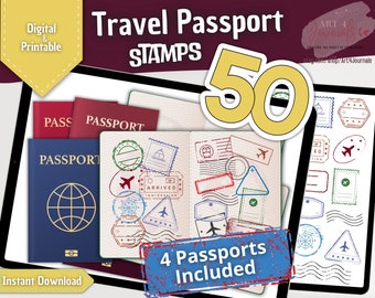 50 PASSPORT STAMPS & Digital Fun Passports for Goodnotes, Notability, Xodo, etc | Travel Stickers | Digital | Printable | Instant Download