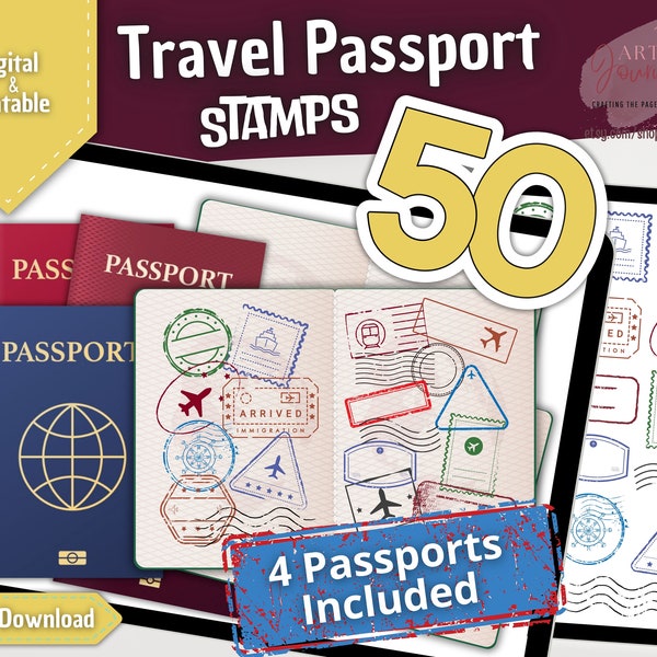 50 PASSPORT STAMPS & Digital Fun Passports for Goodnotes, Notability, Xodo, etc | Travel Stickers | Digital | Printable | Instant Download