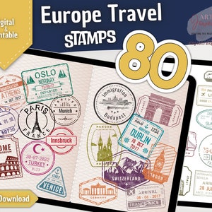 Può includere: Un download digitale di 80 francobolli da viaggio stampabili con monumenti e città europee. I francobolli sono di vari colori e stili e includono testo come "Parigi, Francia", "Roma, Colosseo", "Dublino" e "Venezia".