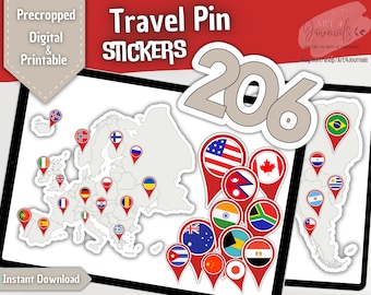 206 TRAVEL PIN Stickers | Digital Push Pin World Maps | For Goodnotes, Notability, Xodo, etc | Digital and Printable | Instant Download