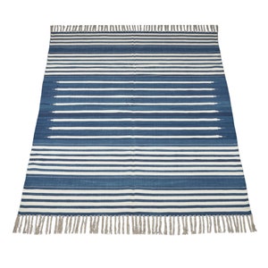 Modern Handmade Cotton Area Rug Flat Weave Dhurry Natural Vegetable Dyed Blue and White Dhurrie Reversible Striped Indian Rug wall tapestry