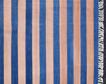Handmade Cotton Kilim Area Rug, Striped Pattern Dhurrie Reversible Natural Dyed Indian Rugs, Large Wall Tapestry, Available In All Size
